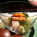 エクアトゥール - ［５回目］タイラガイのグリエと冬瓜ショウガ風味、昆布、ホタテと青さ海苔のジュレ、無 添加ウニと青ユズ