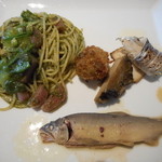 エノテカ・オルモ・デル・カウカソ - 自家製バジリコのジェノベーゼ、コロッケ、アワビ、太刀魚、鮎