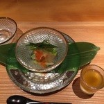 日本料理 幸庵 - 2015.6再訪　以下16枚　ツブガイと子持ちこぶ、いくらの土佐酢ジュレ掛け、四万十青のりのせ