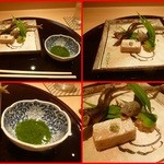日本料理 十三蔵 - 鮎塩焼と鮎の唐揚げ（表面はデュラムセモリナ）、胡麻豆腐、蛙キューリと自家製お味噌添え、たで酢で・・