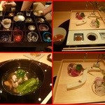 椀物は鱧と丘若布、しんじょう、造り　真中は滝川豆腐、伝助穴子、サワラ、ナスタチューム添え　滝川豆腐は土佐酢で・・