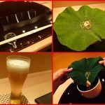 先ずは生ビール、山芋素麺、蓮の葉にじゅんさいと由良の雲丹を乗せてありそれを器に入れて一緒に頂く！凄いアイデアです！