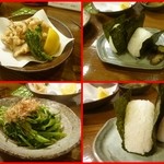 なん天 - ハリイカゲソの唐揚げ、空心菜の炒め、おにぎり