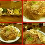 なん天 - お通し（鯖の棒鮨、しらさ海老と茄子の煮浸し、丹波産焼トウモロコシ、黒豆の枝豆）おでん盛合わせ（蒟蒻、大根、厚揚げ、丸天、葱生姜巾着、玉子、ひろいず）