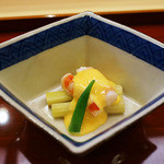 アスパラ焼き浸し車エビの黄身酢がけ(2015/7月撮影)