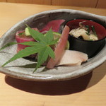 器楽亭 - 喉黒の肝と奈良漬けのプロシュート巻き、畝須、鯵の茗荷寿司