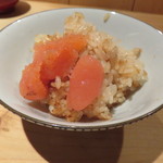 器楽亭 - 出汁炊きご飯とお焦げ、日本酒で漬けた自家製明太子のせ