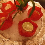 東條 - 鯛手毬寿司，青柳，合鴨ロース粒マスタード和え，いちじくの胡麻みそ煮，サツキマス