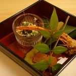 和食 温故知新 - からすみ♡　カワエビ♡　よもぎ田楽?　（白和えと鱒寿司?　←ゴメンナサイ。適当（笑））