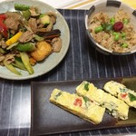 たべごと屋のらぼう - ウチノラ（アナゴと枝豆のごはん、地野菜と豚肉の炒めもの、トマトと青じその出し巻き卵）