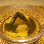 日本料理 みや  - 27年7月　鮑薄衣揚げ　玉蜀黍ピューレ　鮑肝餡