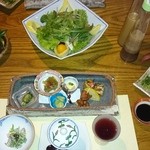 季節の野菜サラダと前菜と馬刺し