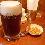 アルバトロス - 生ビール中一杯目と付きだしの柿の種