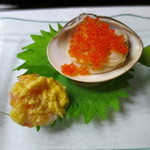 日の出 - 海老黄身煮、蛤鳶飛子添え