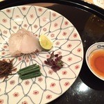 まき村 - 2015.7.上旬　星鰈のお造り　塩昆布　ネギ　すだち。