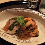 まき村 - 2015.7.上旬。蒸し鮑と雲丹　肝ソース稲庭うどん。