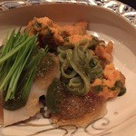 まき村 - 2015.7.上旬。蒸し鮑と雲丹　肝ソース稲庭うどん。