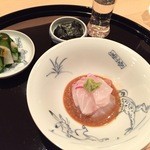 まき村 - 2015.7.上旬。鯛のお造り胡麻ソース　香の物