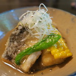 土家 - 27年7月　カマス揚物、玉蜀黍、ズッキーニ、伏見唐辛子、揚げ蕎麦豆腐