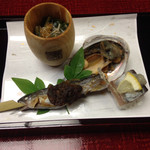 ryugon - 鮑大船煮 若鮎蕗味噌田楽 鰊山椒漬 棒鮨 器の中は葉山葵ばらこお浸し