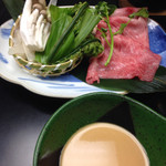 ryugon - 雪室熟成にいがたA5和牛しゃぶしゃぶ
      付け合せの野菜は、ウルイ、コゴミ、うど、シメジ、クレソン