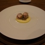 Variante - 兎のボルケッタ仕立て 軽いポレンタクリームとジャンボ兎のレバー アグロドルチェ風