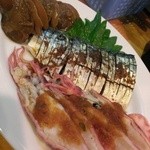 麺哲支店 麺野郎 - おまかせおつまみ-貝佃煮＆〆鯖＆槍烏賊(2015/7)