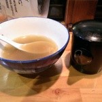 麺哲支店 麺野郎 - ムール貝とほうれん草の塩つけ麺-スープ割(2015/7)