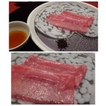 にくの匠 三芳 - 近江牛のタン昆布〆・・見るからに美しいお肉です。
                                タンは厚切りで頂くことが多いのですが、薄切りにしてもこれほど旨みがあるのですね。