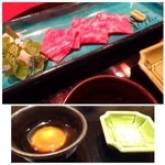 にくの匠 三芳 - 長野産牝牛のサーロイン・・とてもきれいなお肉なのですが、写真の光度が合わなくてm(__)m
                                黄身醤油で頂くのですが、これがまた美味しいこと。