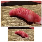 にくの匠 三芳 - サーロインのにぎり・・これも同じように軽くあぶって出されますが、お肉の甘みがまし美味しいですよ。