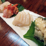 活貝盛り合わせ　白ミルガイ、ホタテ、赤貝、平貝、アワビ