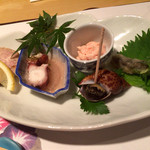 味野里香 - H27.07.25 鴨、蛸と大根の煮物、バイ貝、明太子とクリームチーズ、稚鮎の南蛮漬け