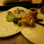 懐石料理 桝田 - お造り（あこう、雲丹、烏賊）