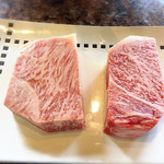 鉄板焼ステーキ 一ッ葉ミヤチク - H27.7
      左がチャンピオン牛、右が特選宮崎牛