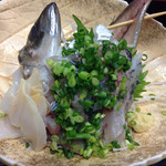 Sushi Masa - アジの刺身。隣にはサービスのツブ貝も