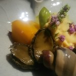 もと井 - トコブシとバイ貝の黄身酢掛け 3800円コースの一品