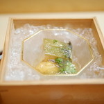 松川 - 【夏】唐津の赤雲丹と山口県産鮑、鮑の煮こごりを添えて(2015.08.01)