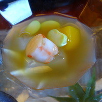 モリタ屋 木屋町店 - 2015.7①前菜五種盛・海老、枝豆、かぼちゃ、寒天のあんみつ仕立て
                      
                      