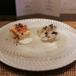 かわ村 - 2015.08再訪 握リゾットコース antipasto：鱧の炙りとウドのゼリー寄せ トウモロコシのフリッタータ 桜海老☆