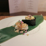 かわ村 - 2015年8月再訪 握リゾットコース riso: 毛蟹 花穂紫蘇、甘鯛 生カラスミ☆