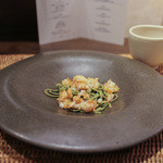 かわ村 - 2015.08再訪 握リゾットコース pasta: 茶そばのピッツォケリ、オマール海老の天かすそぼろとそのズッパ☆
