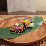 かわ村 - 2015.08再訪 握リゾットコース riso: 黒鮑 雲丹、槍烏賊の沖漬風☆