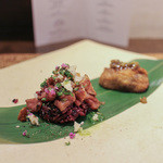 かわ村 - 2015.08再訪 握リゾットコース second: 黒毛和牛のミニちらし ロッシーニ風、黒毛和牛の牛タンの稲荷仕立て☆