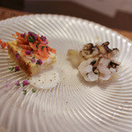 かわ村 - 2015.08再訪 握リゾットコース antipasto: 鱧の炙りとウドのゼリー寄せ トウモロコシのフリッタータ 桜海老☆