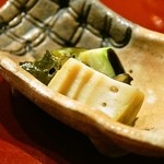 さん昇 - 2015.8 先付 山口黒アワビ、黒アワビの肝、鳥取水茄子、鳥取甘長唐辛子