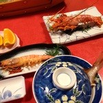 民宿旅館 山川 - 伊勢海老塩焼き、車海老塩焼き、煮魚