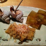 鮨 相澤 - 前菜 つぶ貝､焼茄子の煮凝り､子持ち昆布