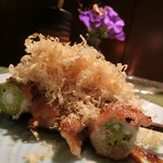 ワインバー フレンド書房 - 塁のおまかせ5本盛り ③ オクラの肉巻きwithマグロ節 220円。