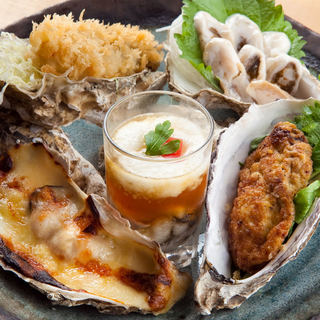 A variety of Oyster dishes including fried Oyster and Oyster rouibe made with Akkeshi Oyster